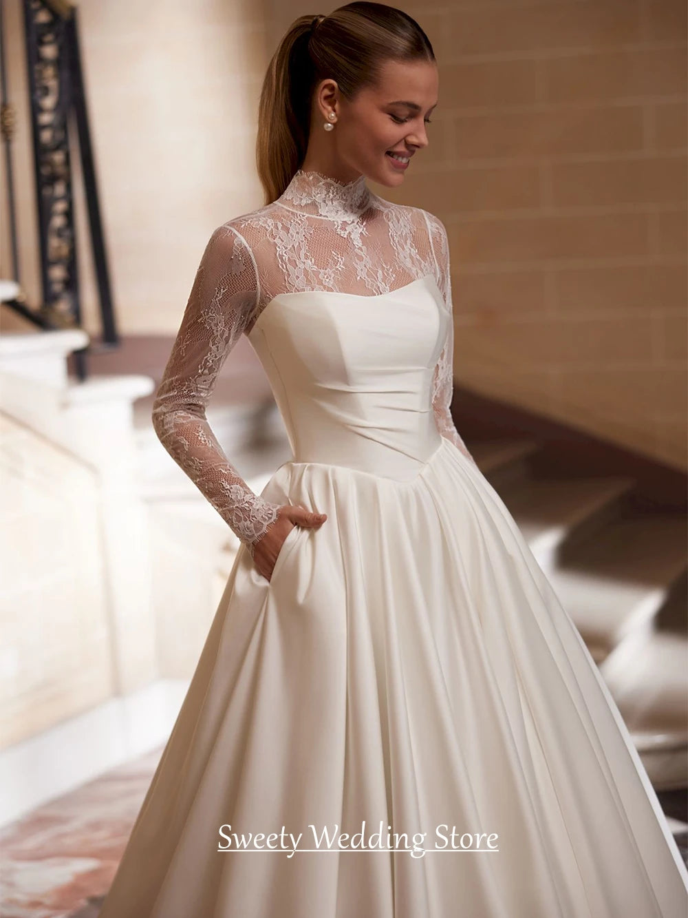 Customized Wedding Dress Vestido De Noiva Fashion High Neck Long Sleeves Top Lace Satin Bridal Gown Sweep TrainRobe Mariee