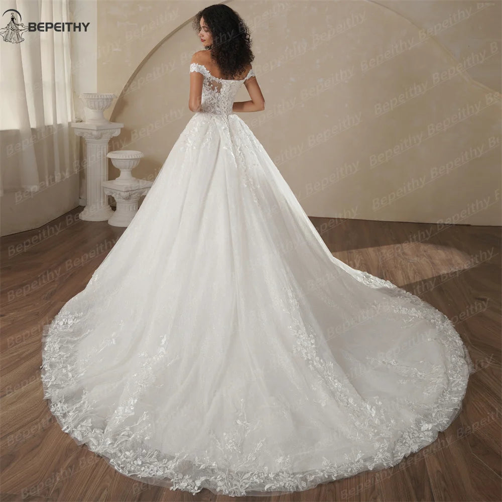 BEPEITHY Customized Off The Shoulder Lace Wedding Dresses For Women 2025 Glitter Bride Ivory Bridal Gown Vestidos De Novia Boda