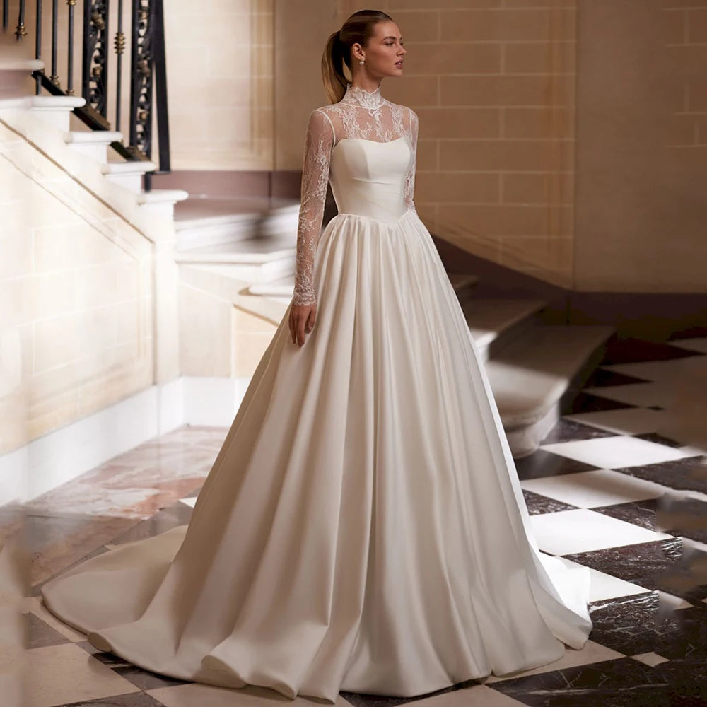 Customized Wedding Dress Vestido De Noiva Fashion High Neck Long Sleeves Top Lace Satin Bridal Gown Sweep TrainRobe Mariee