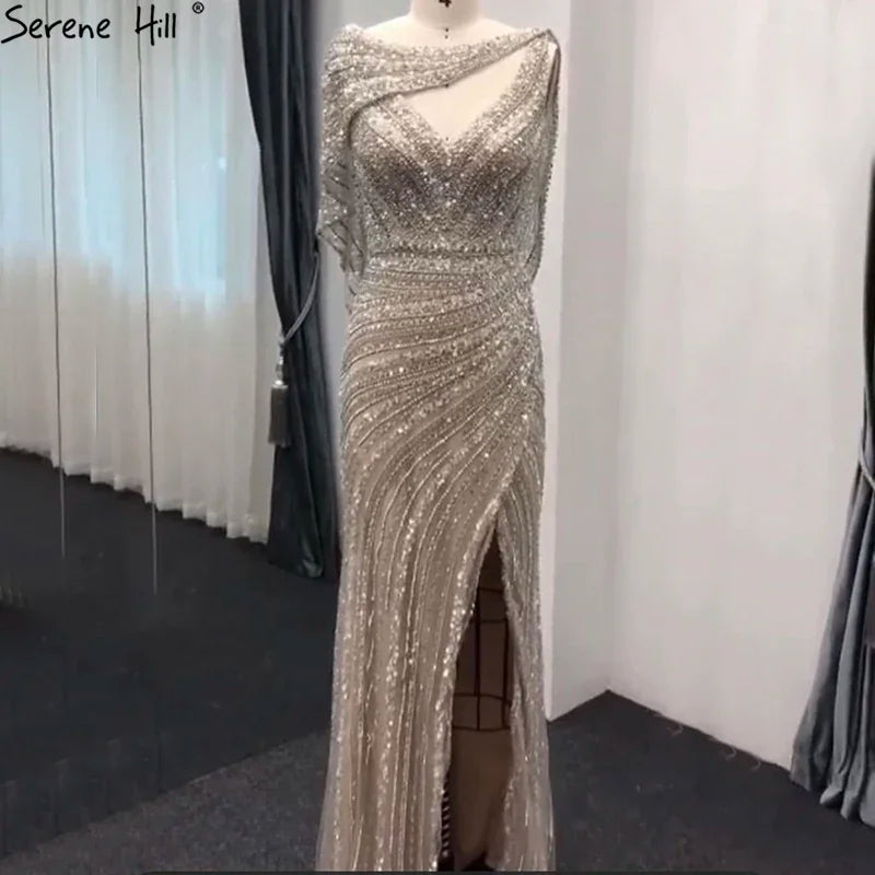 Zapdress Customized Silver Nude Beaded Mermaid Evening Dresses 2025 Elegant Party Gowns For Women Wedding (ZD17383)
