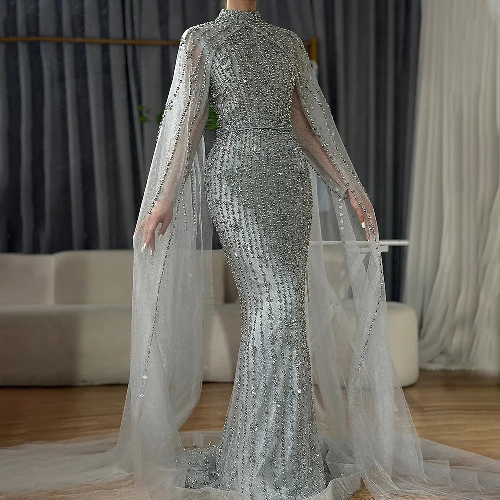 Dubai Grey Mermaid Cape Sleeves Pearls Beaded Elegant Evening Dresses Gowns 2025 Wedding Party DLA72372 Customized (ZD17362)