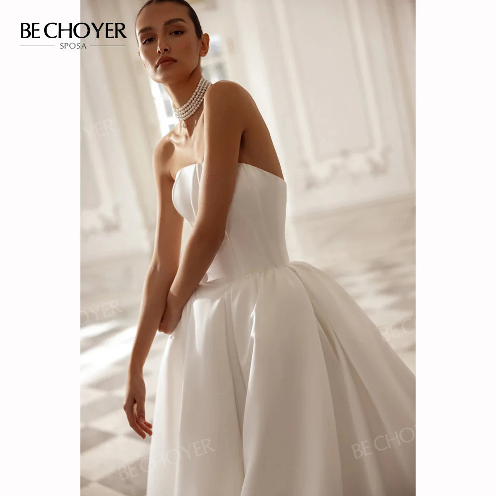 Vintage Sleeveless A-Line Wedding Dress 2027 Elegant Strapless Customized Bride Gown Princess BECHOYER T208 Vestido De Noiva