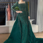Serene Hill Customized Wine red Long Sleeves Mermaid Beaded Evening Dresses with Overskirt Party Gowns for Women DLA72710