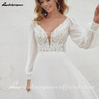 ZapDress Chiffon V Neck Wedding Dress Bride Applique A-Line Civil Double V-Neck Puff Sleeves Bride Gowns Customized