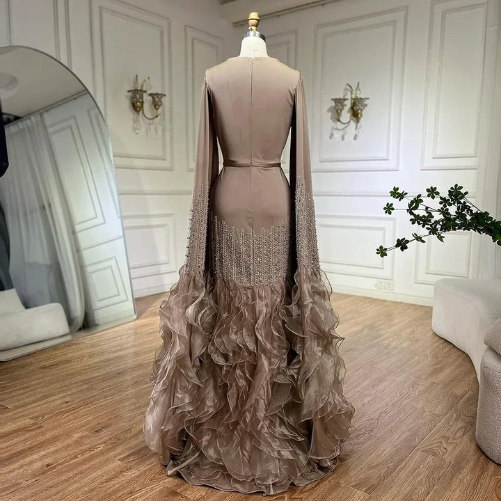 Serene Hill 2025 Champagne Mermaid Luxury Cape Sleeves Beaded Satin Saudi Evening Dresses Gowns for Party DLA72317A Customized