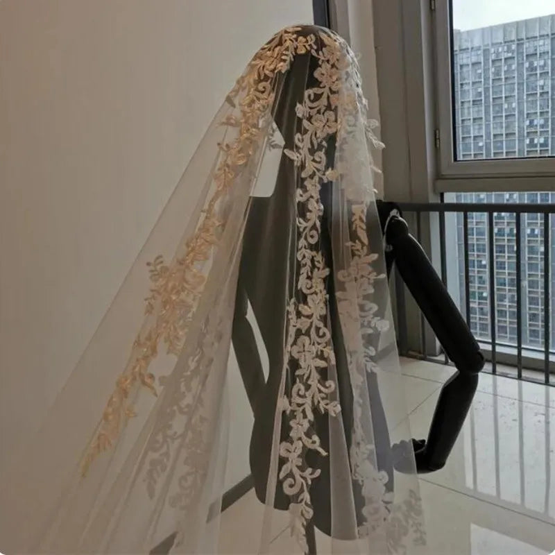 white ivory 3m 4m 5m One Layer Wedding Veil All Lace Appliqued Edge Bridal Veils Cathedral  Wedding Accessorie