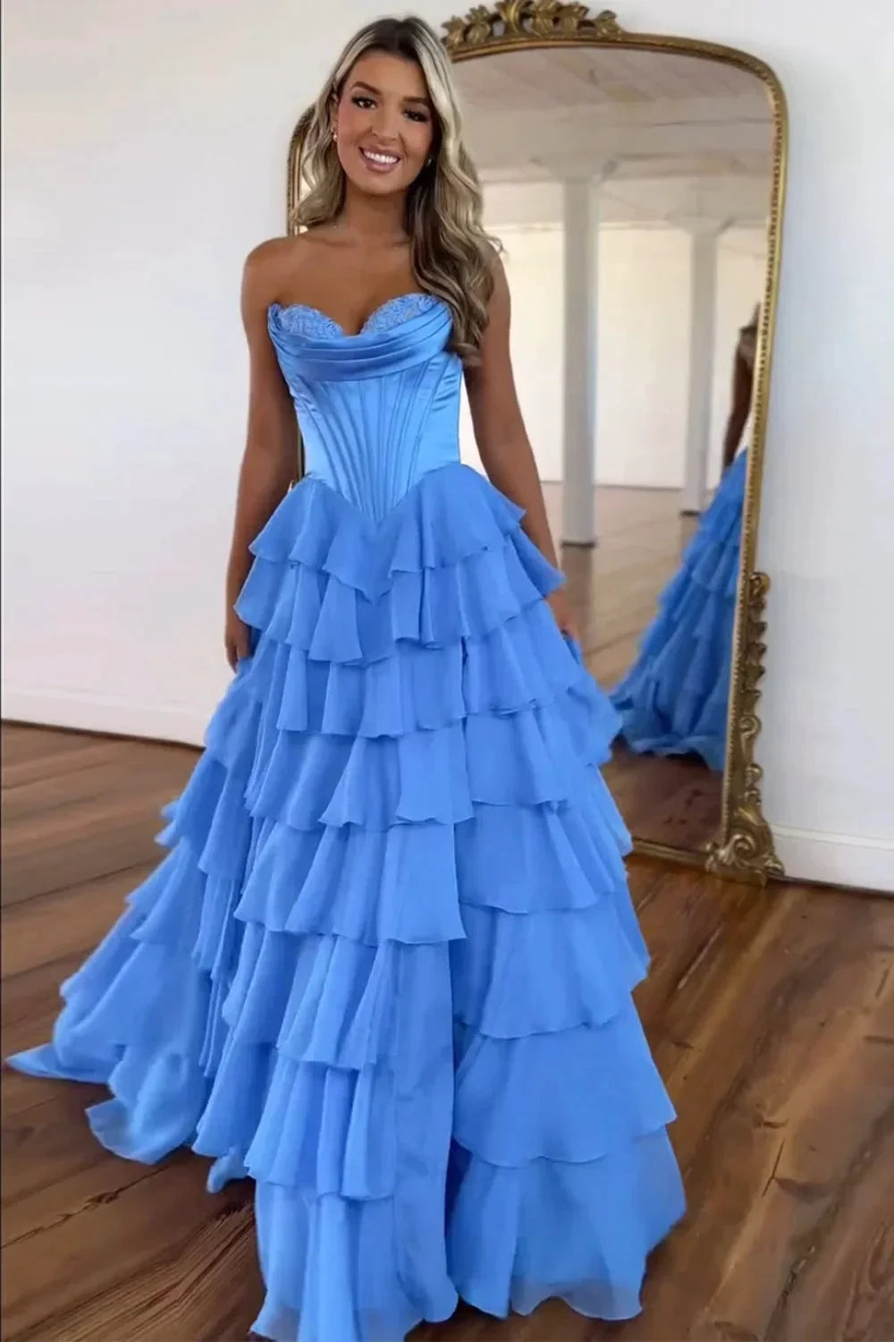 Cathy Strapless Tiered Ruffles A-line Prom Dress A-line Side Split vestidos de noiva Customized Zip Back Chiffon Evening Gown by Sunnderly