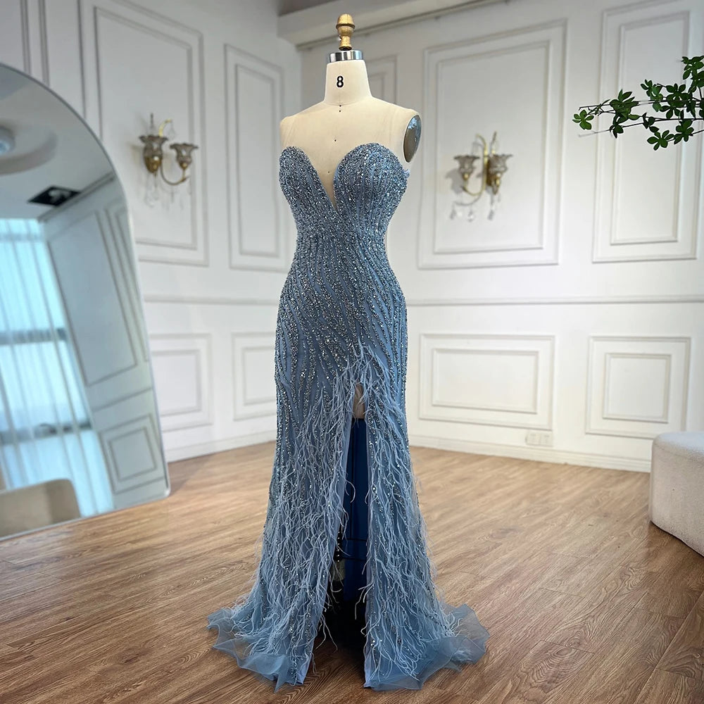 Zapdress Customized 2025 Strapless Blue Luxury Beaded Feathers Slit Open Evening Party Gowns for Women (ZD17371)
