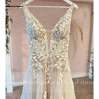 ZapDress V Neck Lace Appliques Wedding Dresses Customized Champagne Bridal Gowns A Line Wedding Gown Estido De Noiva Praiano