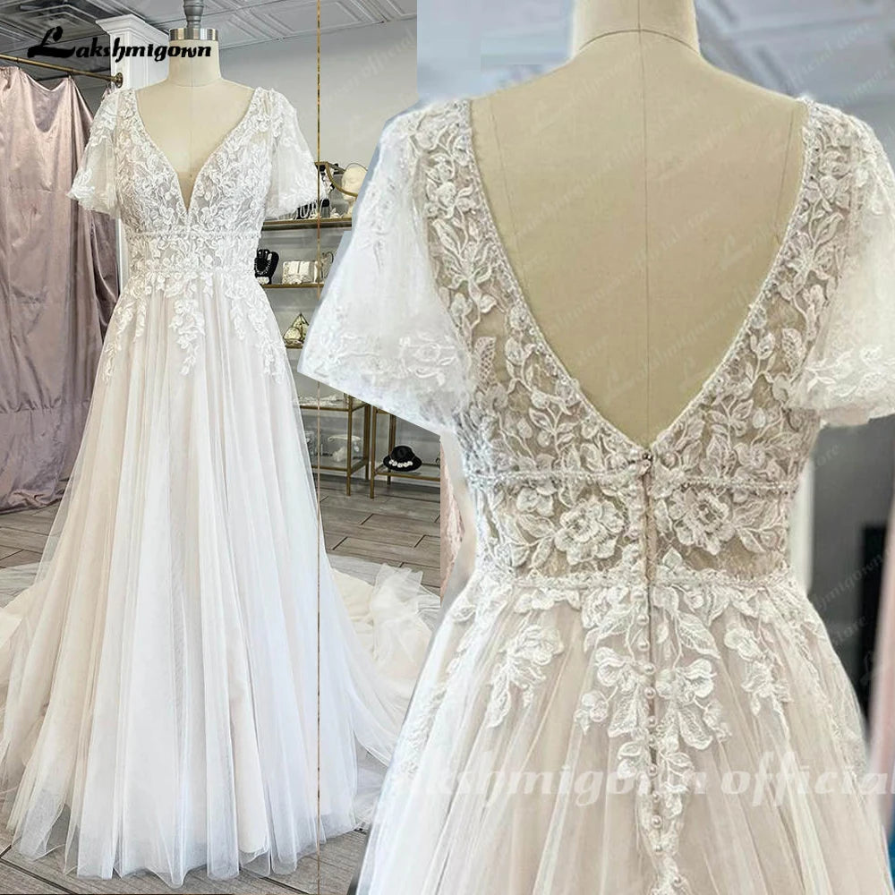 ZapDress Lace V-Neck Boho Wedding Dress with Sleeves Vestidos De Fiesta A Line Tulle Beach Wedding Gowns Customized Hochzeit