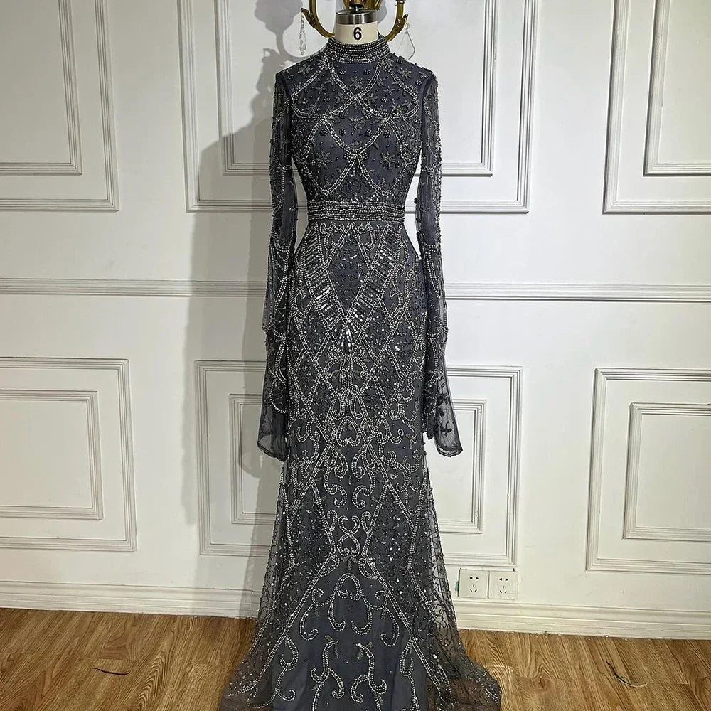 Serene Hill Customized Muslim Gray Mermaid Cape Sleeve Beaded Evening Dress Dubai Elegant Party Gowns 2025 for Women DLA72316
