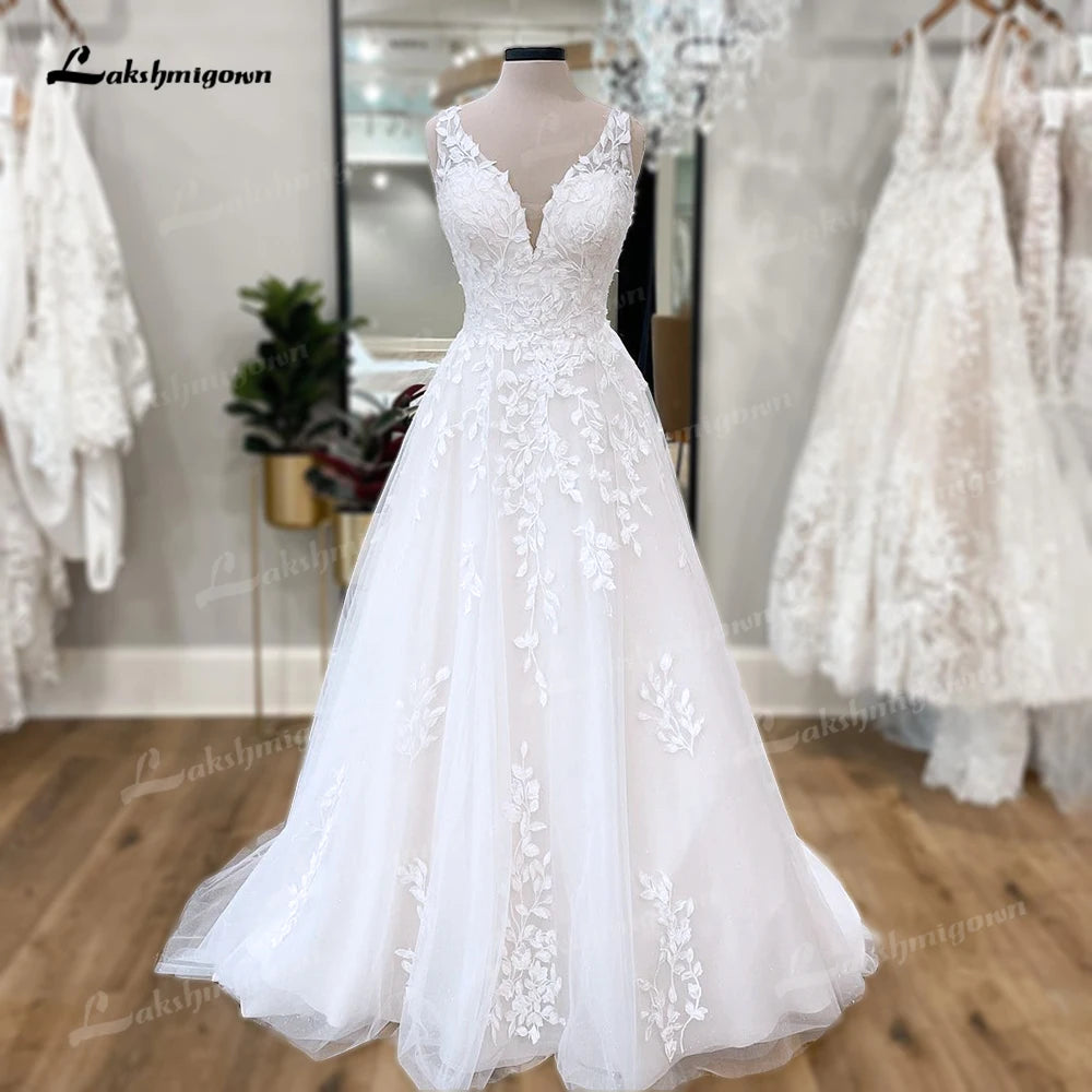 ZapDress V Neck Floral Lace Bridal Beach Wedding Dresses Customized Abiti Da Sposa Summer Beach A-Line Wedding Gowns