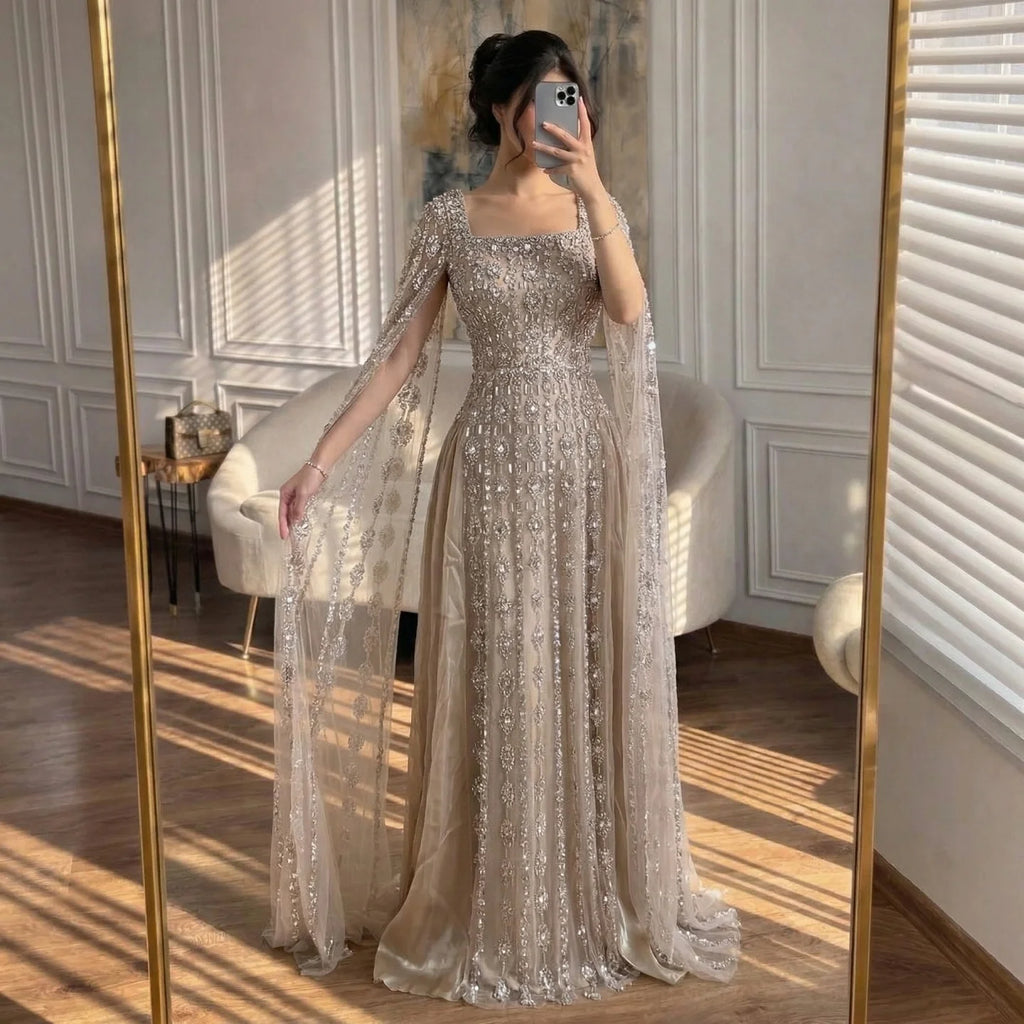 Zapdress Luxury Beaded Evening Gown Elegant Cape Sleeve Square Neck Muslim Wedding Party Dress 2026 DLA73272 Customized (ZD17380)