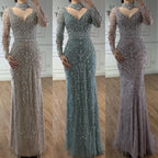 Serene Hill Customized Turquoise Evening Dresses with Neck Lace 2026 Long Sleeves Mermaid Beaded Elegant Party Gowns DLA73042B