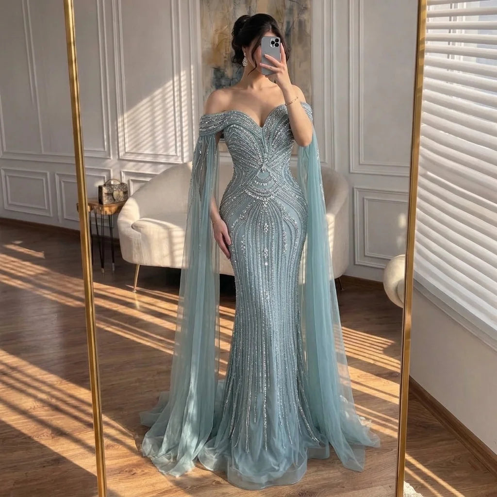 Serene Hill Dusty Blue Off-Shoulder Evening Dress Heavy Beaded Mermaid Party Gown with Elegant Cape Sleeves Customized DLA73151