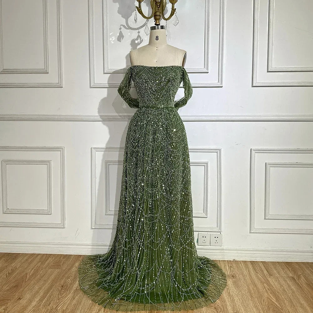 Zapdress 2025 Customized Dubai Olive Green A Line Off Shoulder Evening Dresses With Pearl Beaded Design For Party DLA72738A (ZD17321)