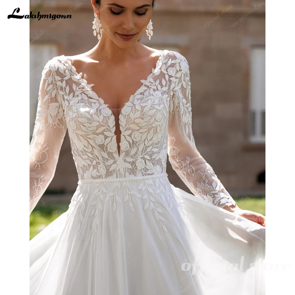 ZapDress Lace V-Neck Chiffon Wedding Dress for Women A-Line Sweep Train Backless Vestidos De Novia  Customized