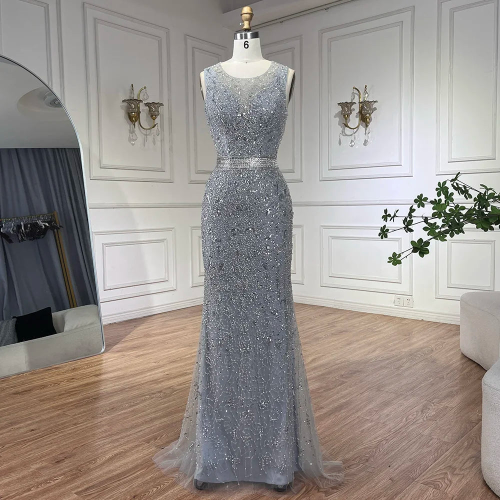 Zapdress Customized 2026 Gray Arabic Mermaid Beaded Evening Dresses With Detachable Long Cape For Formal Occasion (ZD17340)