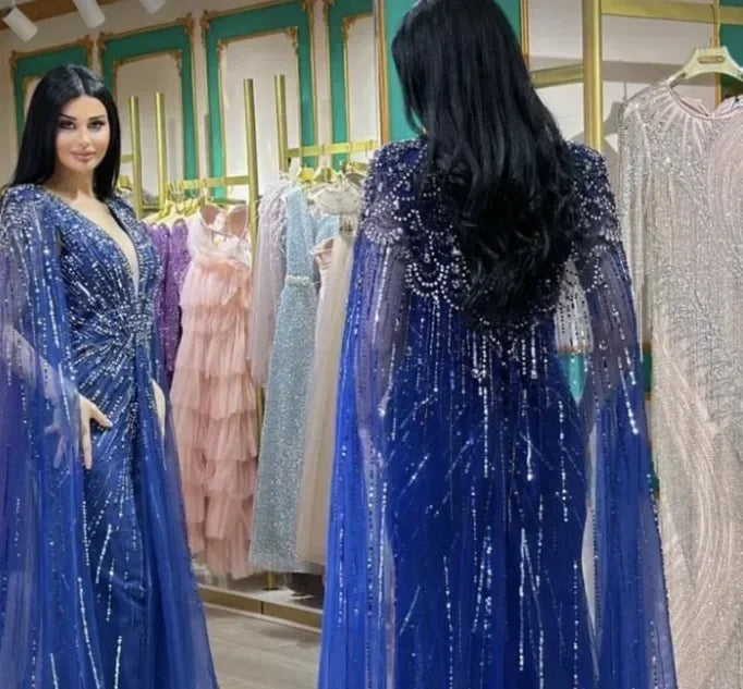 Serene Hill V-neck Turquoise Beaded Mermaid Evening Dress with Cape Plus Size Party Gowns for Women DLA72168A Customized