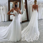 Beach Chiffon Wedding Dress Backless V-Neck Spaghetti Straps A-Line Bridal Gown with Lace Appliqués