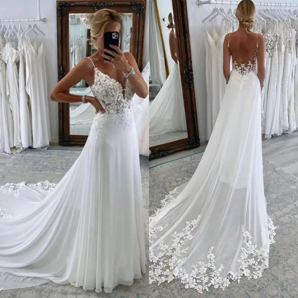 Beach Chiffon Wedding Dress Backless V-Neck Spaghetti Straps A-Line Bridal Gown with Lace Appliqués
