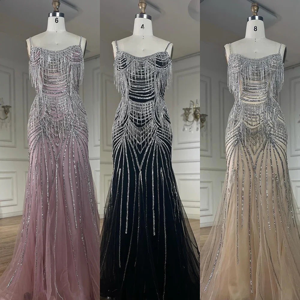 Zapdress 2025 Elegant Silver Nude Spaghetti Strap Mermaid Evening Dress with Beaded Tassels for Party DLA72772 Customized (ZD17325)