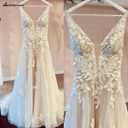 ZapDress V Neck Lace Appliques Wedding Dresses Customized Champagne Bridal Gowns A Line Wedding Gown Estido De Noiva Praiano
