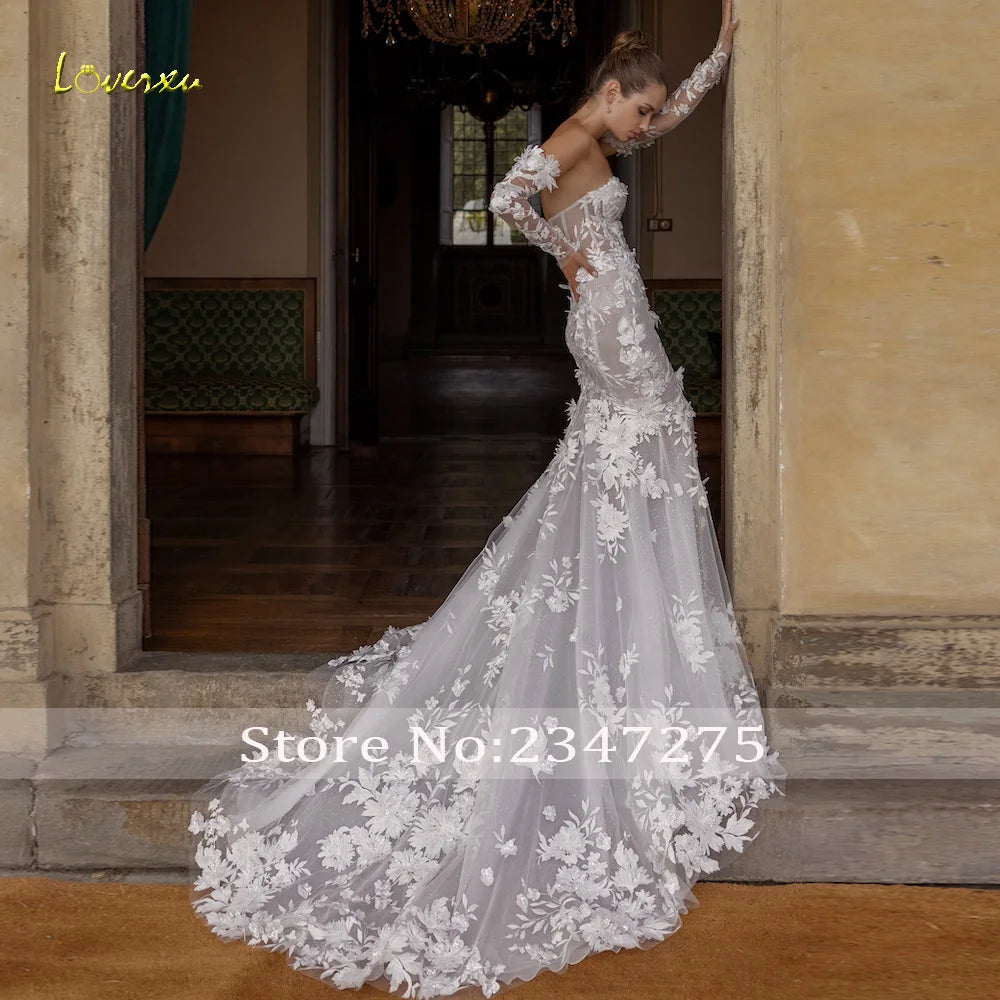 Loverxu Mermaid Sexy Wedding Dresses Strapless Long Sleeve Vestido De Novia Beading Appliques 3D Flowers Custom Made Bridal Gown