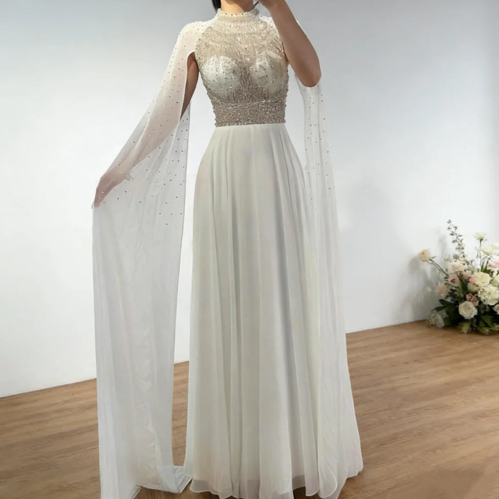 Zapdress White Chiffon A-line Evening Dress with Cape Sleeves Simple Wedding Party Gowns for Bridesmaid Customized (ZD17338)