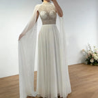Zapdress White Chiffon A-line Evening Dress with Cape Sleeves Simple Wedding Party Gowns for Bridesmaid Customized (ZD17338)