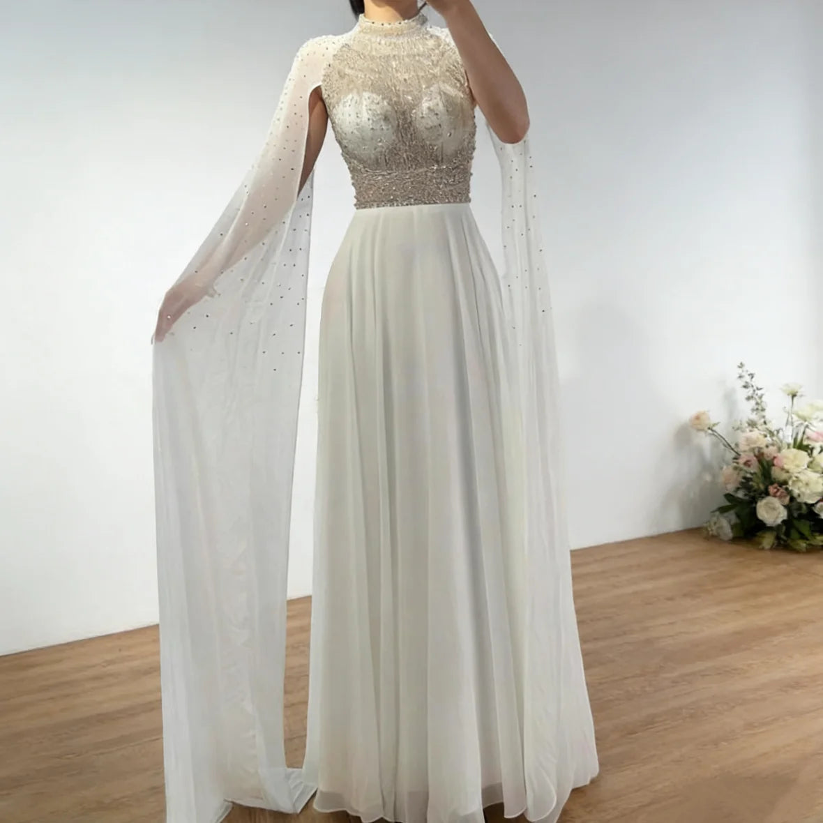 Zapdress White Chiffon A-line Evening Dress with Cape Sleeves Simple Wedding Party Gowns for Bridesmaid Customized (ZD17338)