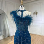 Zapdress Customized 2025 Gray Halter Feathers Beaded Mermaid High Split Evening Dresses Formal Party Gowns for Women (ZD17379)