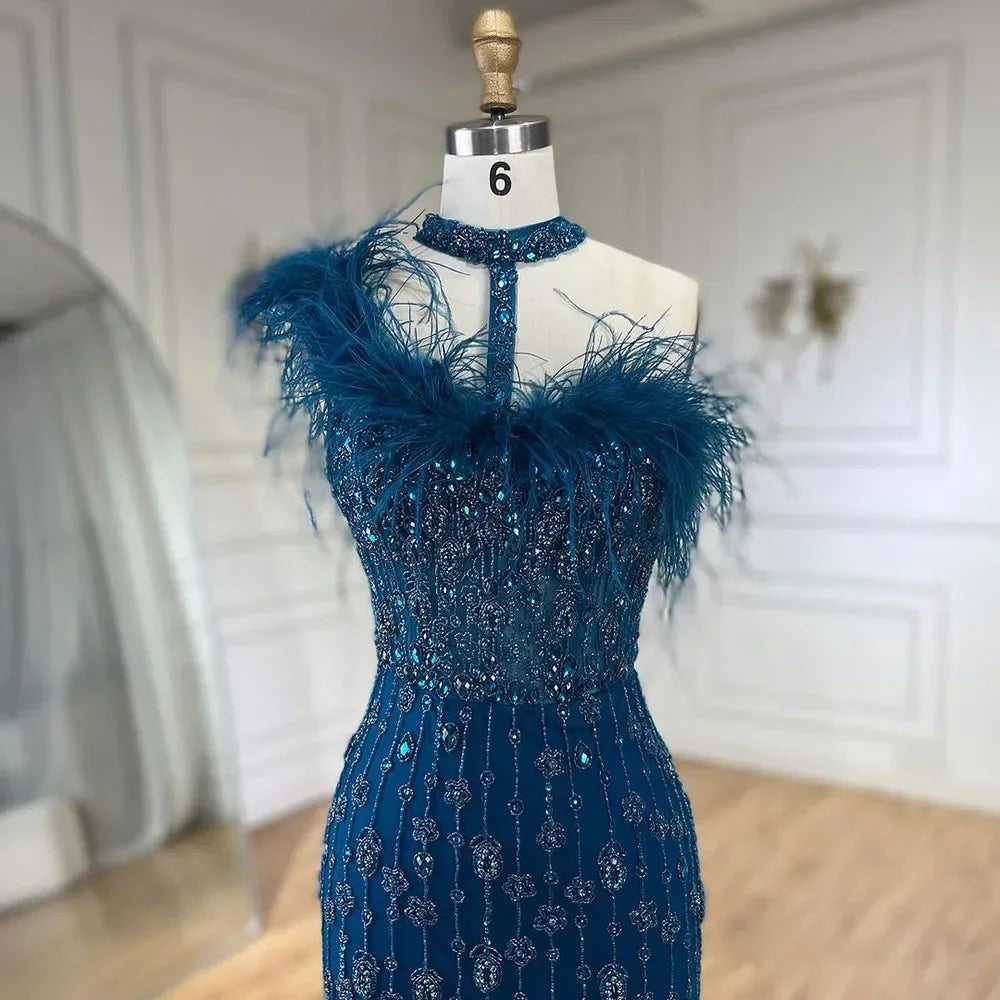 Zapdress Customized 2025 Gray Halter Feathers Beaded Mermaid High Split Evening Dresses Formal Party Gowns for Women (ZD17379)