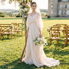 Grecian Boho Wedding Dress V‑Neck Batwing Sleeve Draped Ruched A‑Line Bridal Gown Sweep Train For Outdoor Garden Wedding
