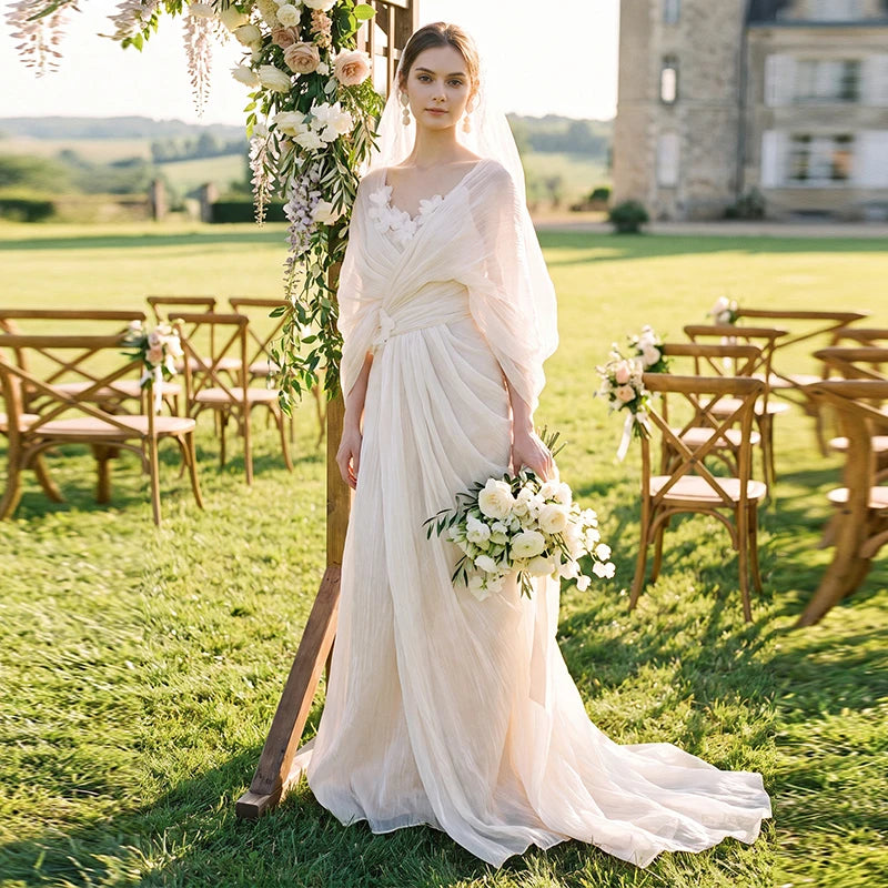 Grecian Boho Wedding Dress V‑Neck Batwing Sleeve Draped Ruched A‑Line Bridal Gown Sweep Train For Outdoor Garden Wedding