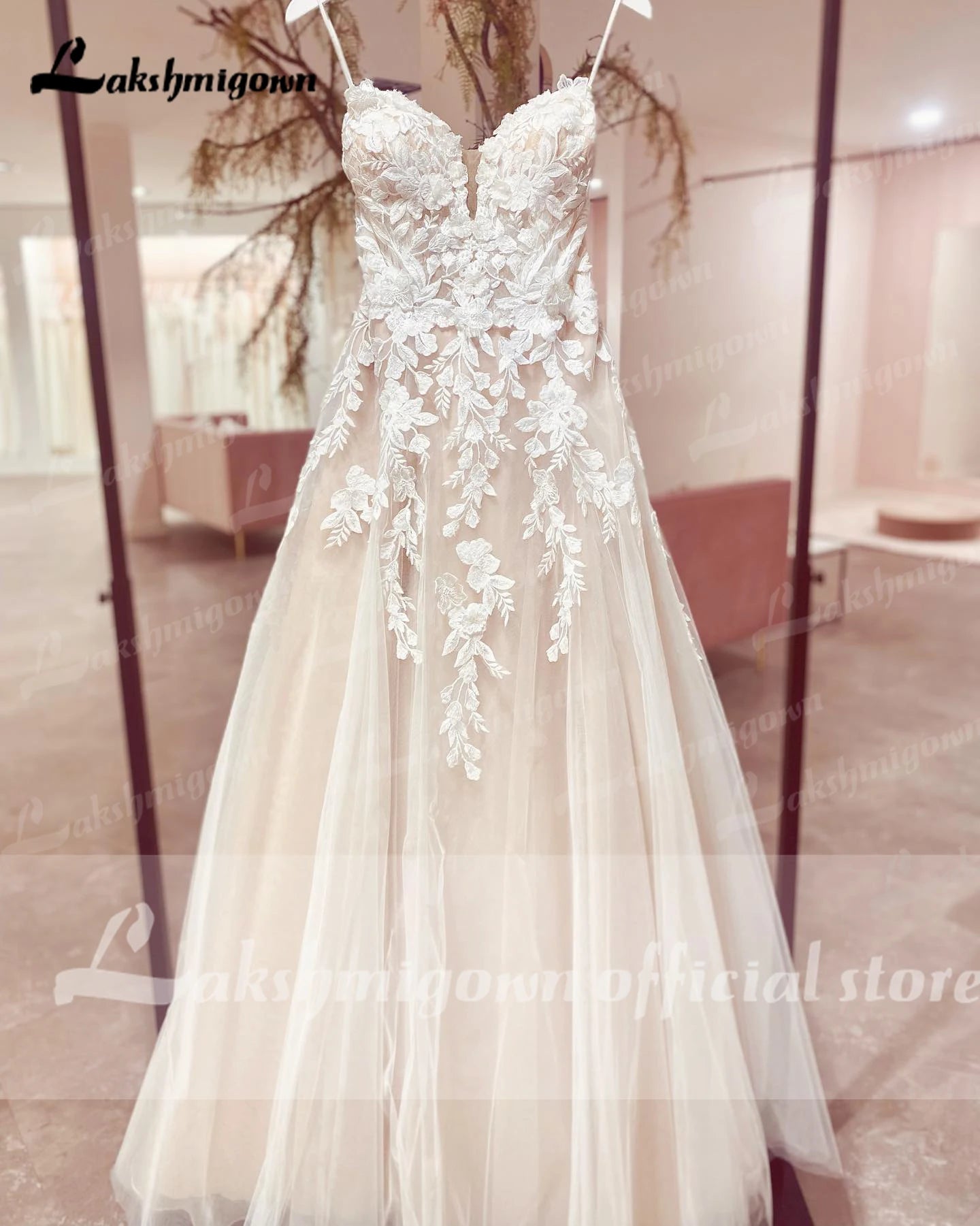 Spaghetti Straps Women Boho Wedding Dress Lace Bodice Chic Robe Bridal A Line Tulle Wedding Dresses Open Back Customized