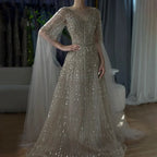 Customized 2025 Muslim A-Line Blue Beaded Elegant Evening Dresses With Cape Sleeves For Wedding Occasion (ZD17385)