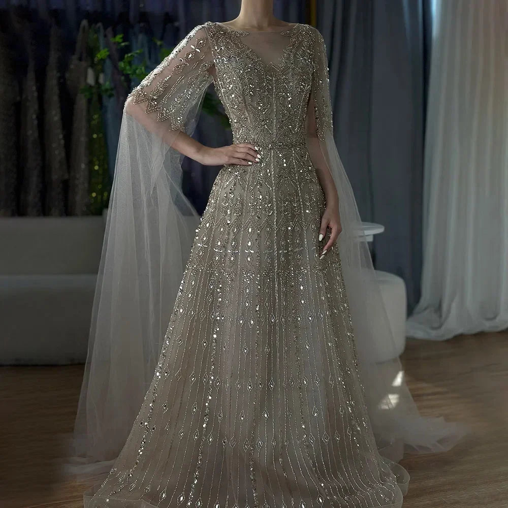 Customized 2025 Muslim A-Line Blue Beaded Elegant Evening Dresses With Cape Sleeves For Wedding Occasion (ZD17385)