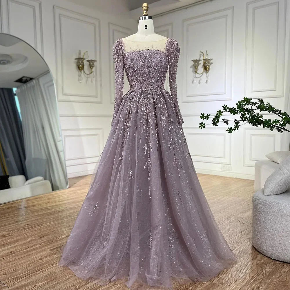 Serene Hill Customized Pink Long Sleeves A Line Beaded Dubai Evening Dresses Party Gowns 2025 For Women Wedding DLA71915
