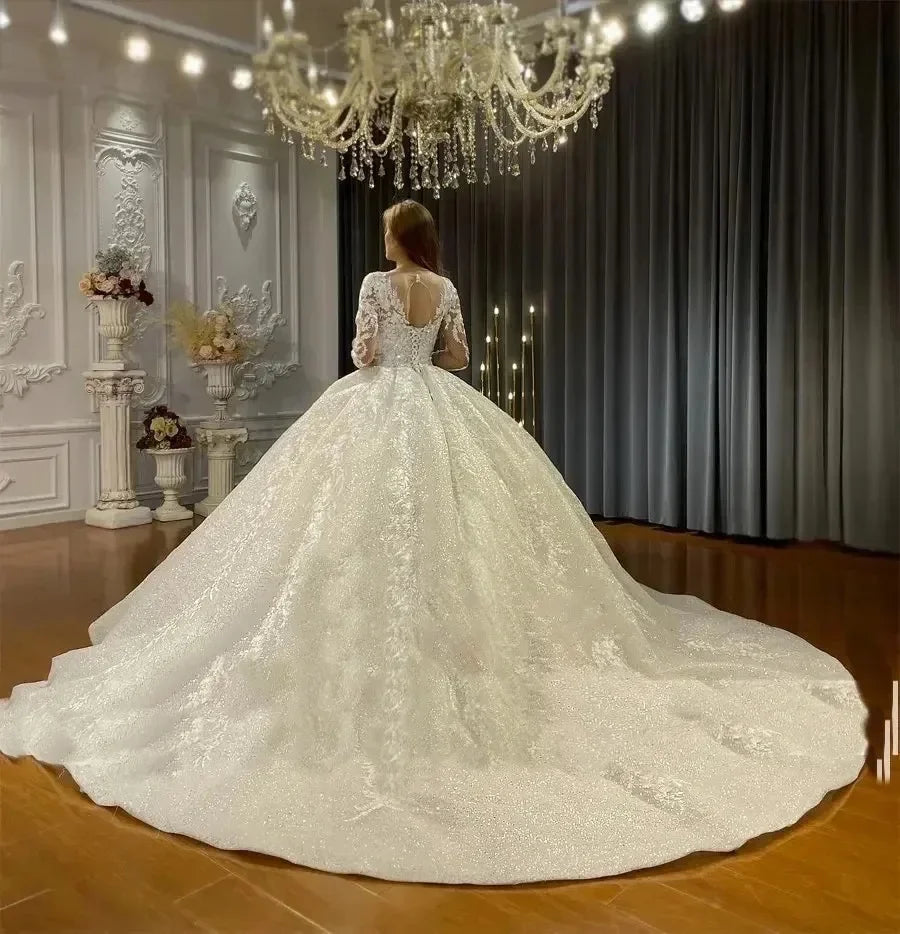 Customized Muslim Wedding Dresses Long Sleeve O Neck Wedding Gown Lace Bride Dresses Vestidos De Novia