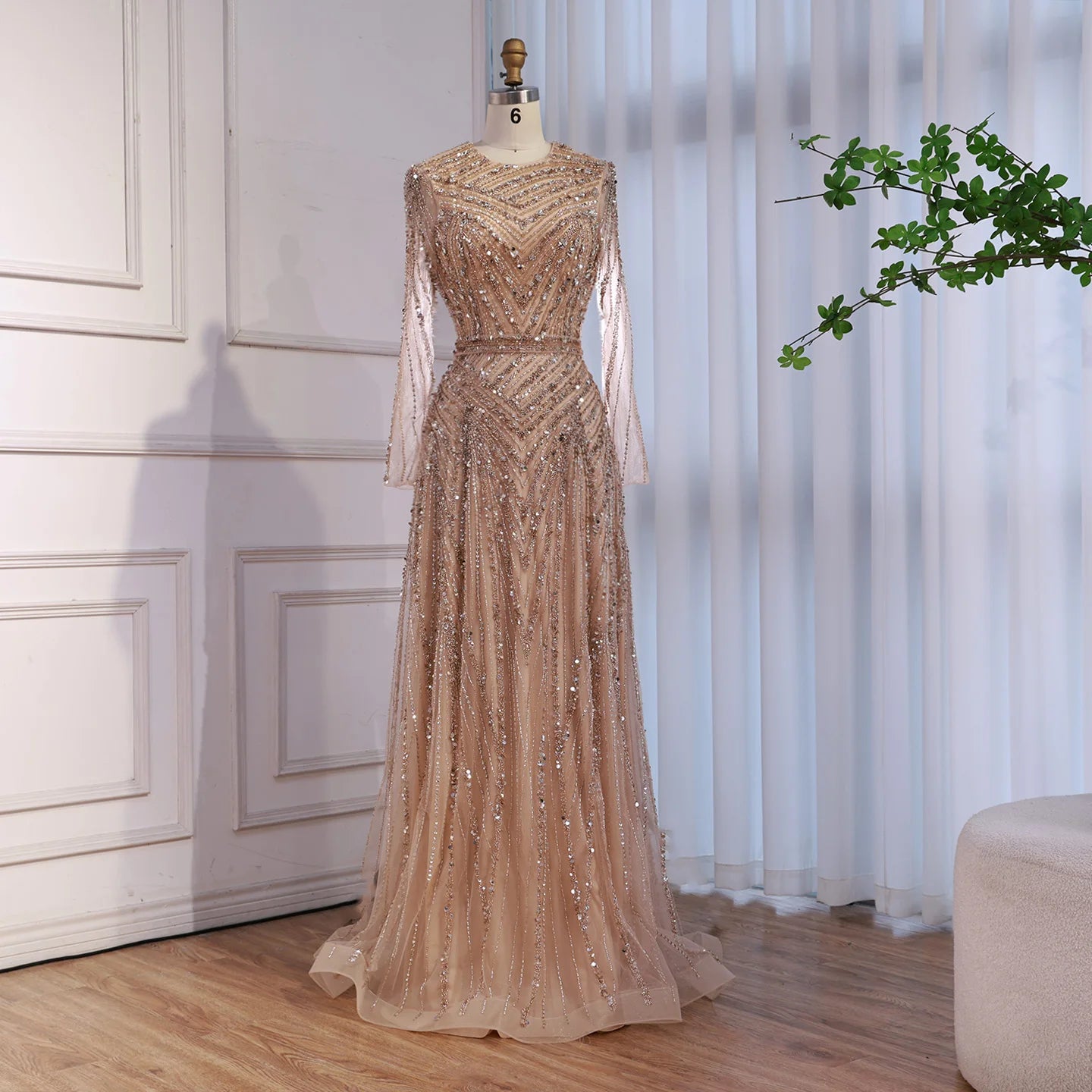 Zapdress Nude Crew Neck A-line Long Sleeves Evening Dress Beaded Wedding Party Gowns for Women 2026 Customized (ZD17382)