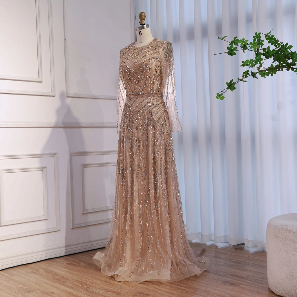 Zapdress Nude Crew Neck A-line Long Sleeves Evening Dress Beaded Wedding Party Gowns for Women 2026 Customized (ZD17382)