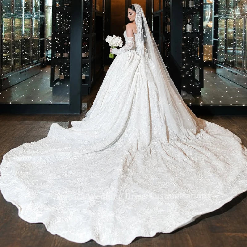 Mocaca Customized Luxury Sequins Lace Applique Ball Gown Wedding Dress Off Shoulder Appliques Long Sleeve Bridal Gown