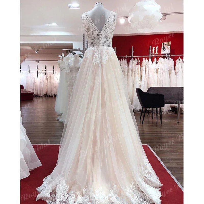 ZapDress Boho Champagne Wedding Dresses Lace Appliques V Neck Sleeveless Sweep Train Bridal Dress Customized