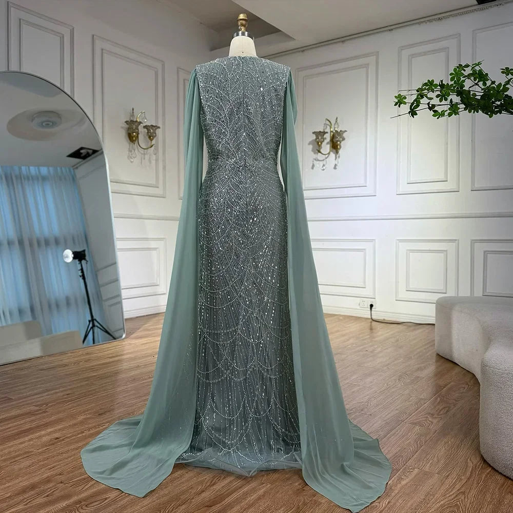 Elegant Dubai Sage Green Mermaid Evening Dress with Cape Sleeves Beaded Formal Gown Zapdress 2025 Customized DLA72160A (ZD17330)