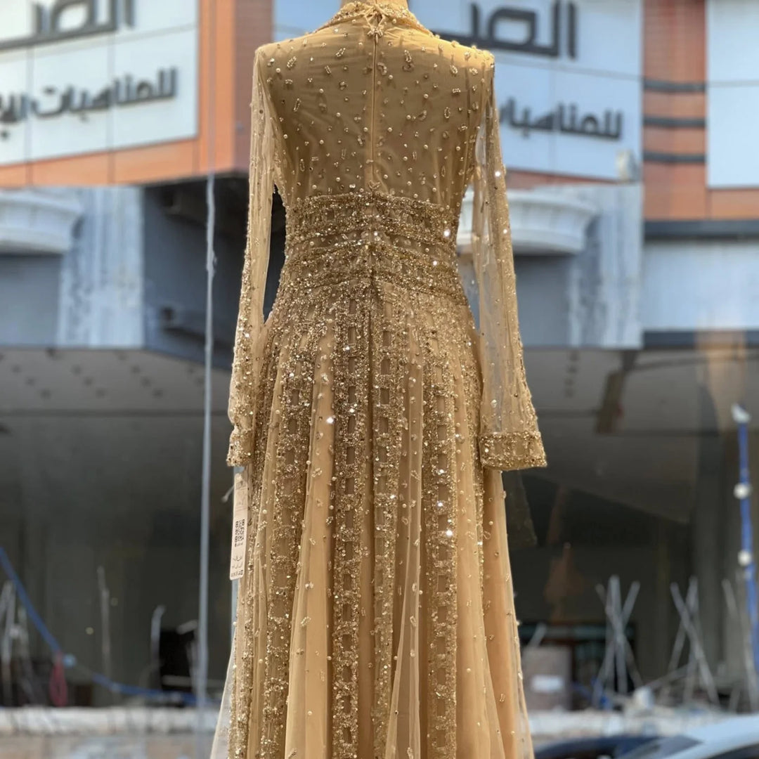 Serene Hill Customized 2026 Lapel Collar Long Sleeve Evening Dress Luxury Beaded A-Line Modest Party Gowns DLA73663