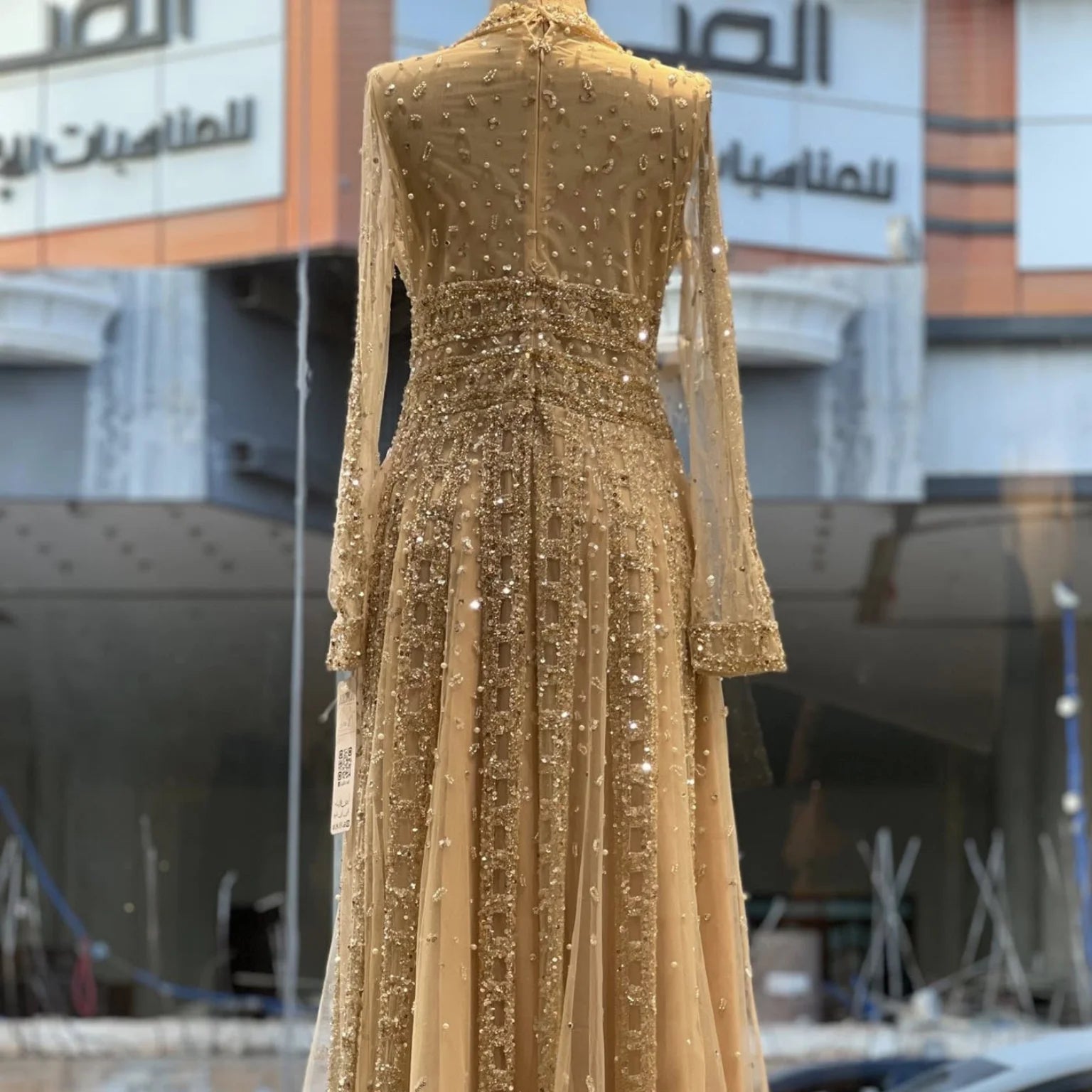 Serene Hill Customized 2026 Lapel Collar Long Sleeve Evening Dress Luxury Beaded A-Line Modest Party Gowns DLA73663