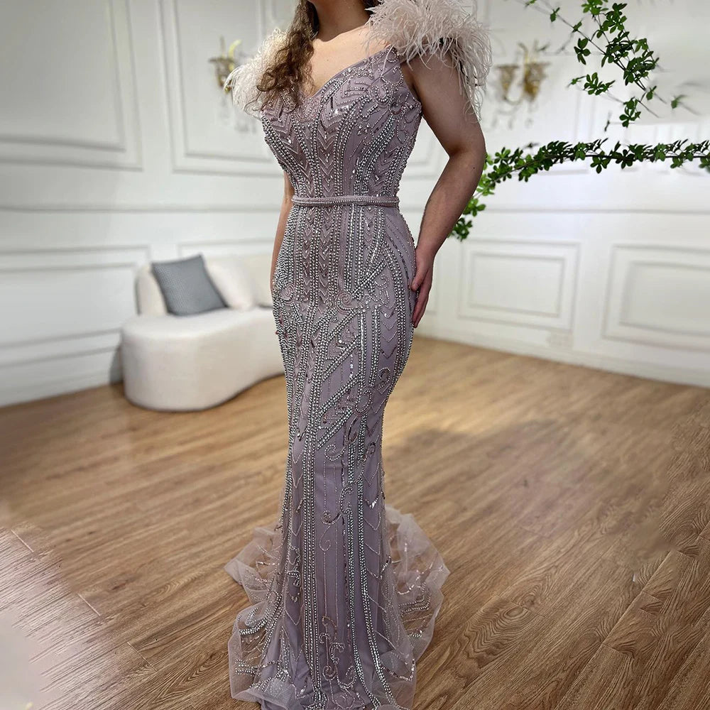 Serene Hill Customized Lilac Feathers Beaded Mermaid Evening Dresses 2025 Elegant Party Gowns for Women DLA70830