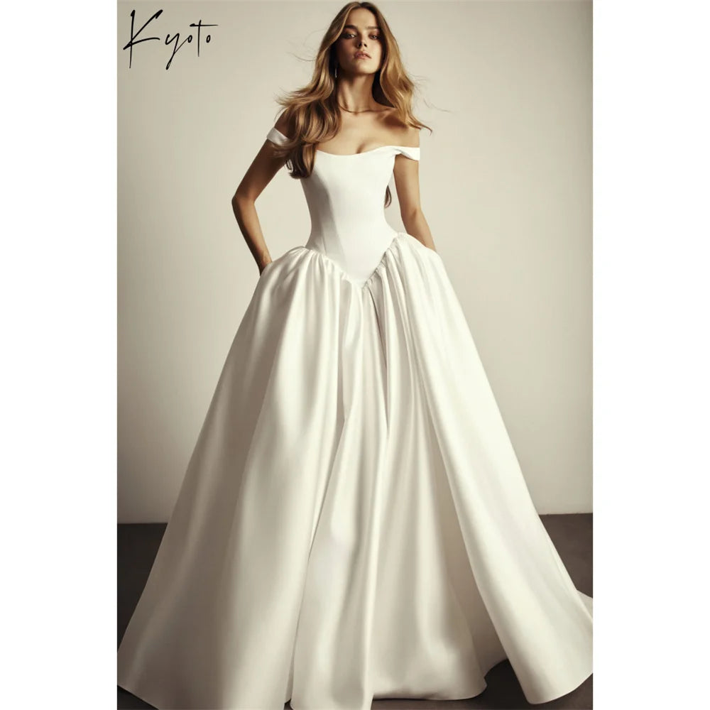 Kyoto Customized White Simple Satin Off Shoulder Wedding Dress A-Line Vestidos De Noche Elegant Court Train Robe De Mariée 2026