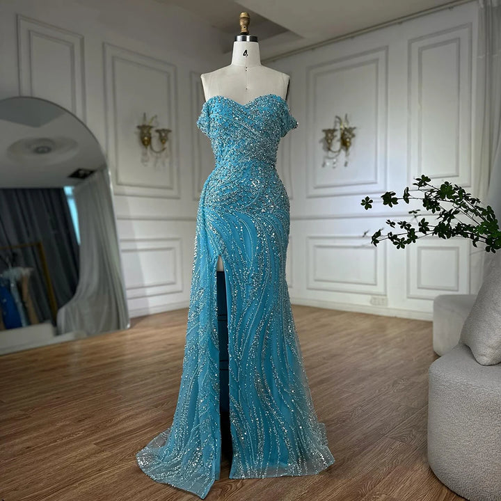 Serene Hill Light Blue Off Shoulder Mermaid High Split Beaded Evening Dresses Party Gowns For Women 2025 DLA72262 Customized
